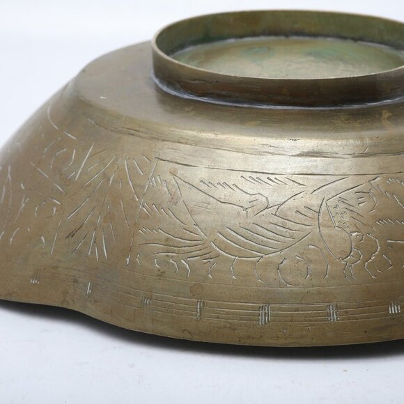 Vintage Chinese Brass Etched Bowl Longevity Prosperity Scalloped Edge Footed - Picture 10 of 13